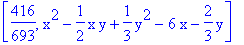 [416/693, x^2-1/2*x*y+1/3*y^2-6*x-2/3*y]